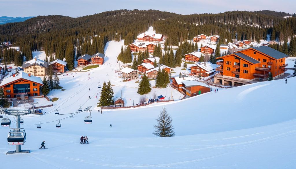 A panoramic view of the Bukovel resort's vibrant infrastructure, showcasing its well-designed architecture and bustling activities. In the foreground, a modern ski lift system transports skiers up the picturesque slopes, while in the middle ground, a network of ski runs and groomed trails wind through the snowy landscape. In the background, a cluster of cozy, Alpine-style chalets and hotels nestled among the pine-covered hills, their warm lighting creating a inviting atmosphere. The scene is bathed in soft, natural daylight, creating a sense of calm and serenity. The overall composition captures the resort's blend of outdoor recreation, comfortable accommodations, and well-developed amenities, reflecting the comprehensive services and infrastructure that Bukovel offers its visitors.
