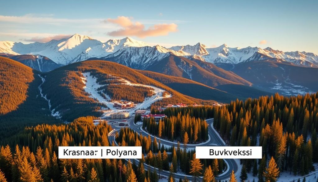 A panoramic view of the geographical locations of the Krasnaya Polyana and Bukovel ski resorts, with snow-capped mountains in the background and lush pine forests in the foreground. The scene is illuminated by warm, golden sunlight, creating a serene and inviting atmosphere. The landscape is meticulously detailed, with winding roads, ski slopes, and buildings nestled in the mountainous terrain. The composition is balanced, with the resorts positioned prominently in the middle ground, allowing the viewer to easily compare their geographical positioning and the surrounding environment.