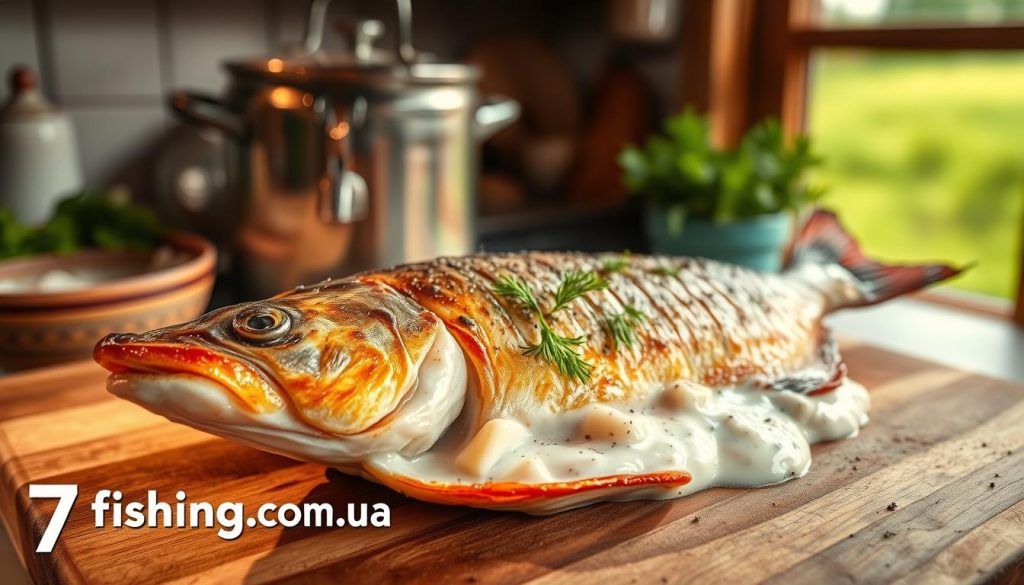 A perfectly roasted pike fish, its golden-brown skin glistening under the warm glow of the oven light. The tender flakes of the meat are nestled in a creamy, sour cream-based sauce, garnished with fresh dill and a sprinkle of cracked black pepper. The dish is presented on a rustic, wooden serving board, ready to be enjoyed as the centerpiece of a cozy, home-cooked meal. In the background, a soft, blurred scene of a traditional Ukrainian kitchen, with vintage cookware and a glimpse of a window overlooking a lush, green landscape. The overall atmosphere evokes a sense of comfort, tradition, and the joy of simple, homemade delicacies. Branding: 7fishing.com.ua.