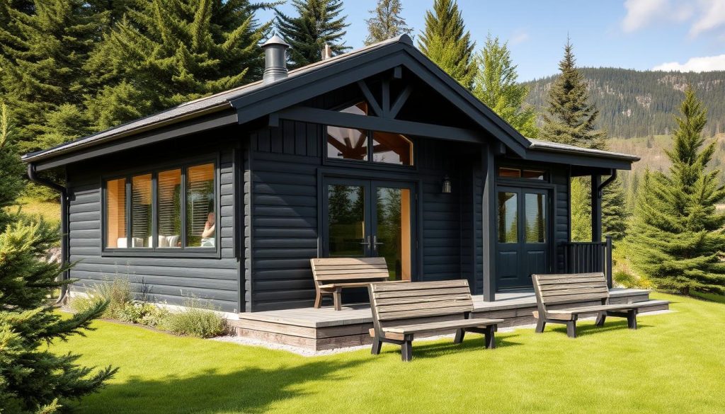 A picturesque 7fishing black cottage nestled in the Carpathian mountains, with a charming gabled roof and sleek contemporary design. The facade features large windows that bathe the interior in warm natural light, while the surrounding landscape is dotted with lush evergreen trees. A well-manicured lawn leads to a cozy porch, where wooden benches invite guests to relax and take in the serene mountain vistas. The cottage's sturdy construction and premium materials suggest a high level of craftsmanship and attention to detail, creating a luxurious yet inviting atmosphere perfect for a relaxing mountain getaway.