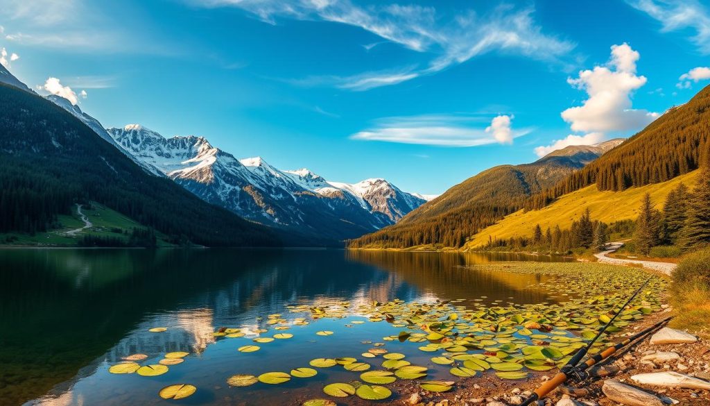A picturesque alpine landscape in the Carpathian Mountains, with majestic snow-capped peaks dominating the horizon. In the foreground, a tranquil alpine lake reflects the surrounding scenery, its calm waters dotted with lily pads. 7fishing rods rest on the shore, hinting at the plentiful fishing opportunities. Lush, verdant forests climb the slopes, while a winding hiking trail leads deeper into the wilderness. Warm, golden sunlight filters through wispy clouds, casting a serene glow over the entire scene. This idyllic setting evokes the peace and rejuvenation of an alpine retreat in the Carpathians.