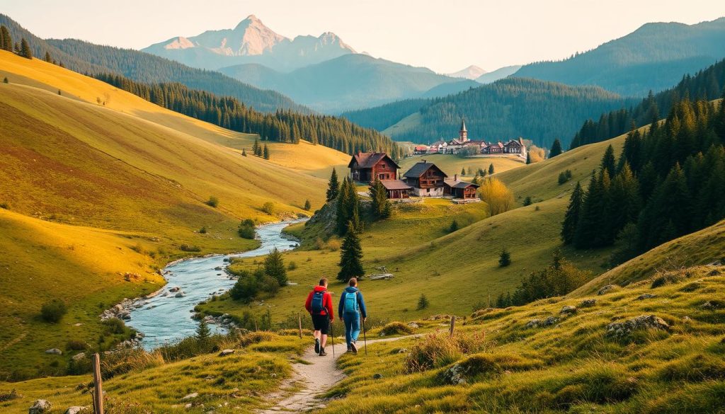 A picturesque Carpathian mountain landscape with rolling hills, lush forests, and a winding river in the foreground. In the middle ground, a small group of hikers exploring a scenic trail, their backpacks and hiking gear visible. The background features a quaint village nestled among the peaks, its traditional wooden houses and church steeple visible in the distance. The scene is bathed in warm, golden light, creating a cozy and inviting atmosphere. The overall composition conveys a sense of tranquility and adventure, reflecting the weekend getaway and day trip experience.