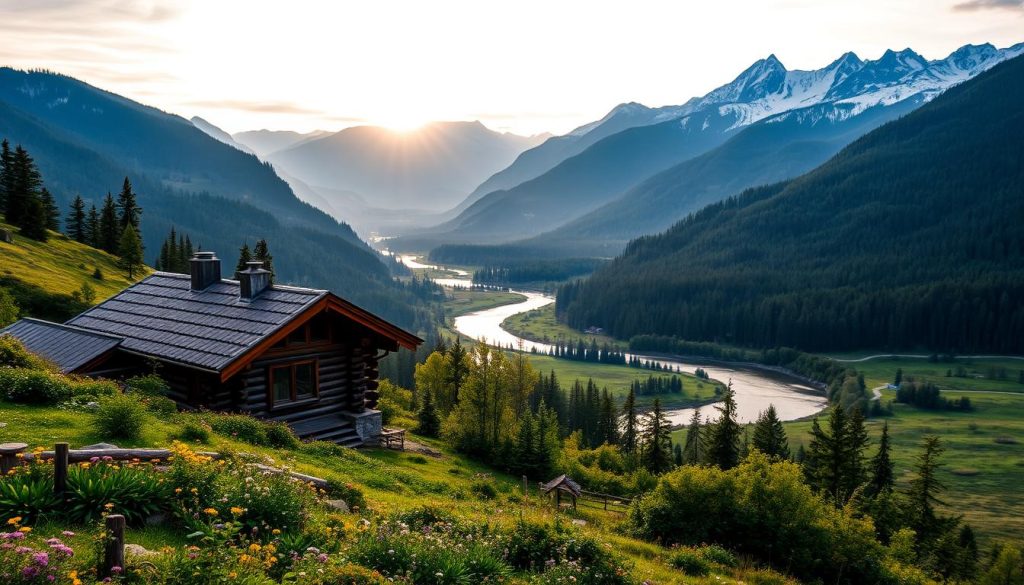 A picturesque countryside scene in the Carpathian Mountains during a weekend getaway. In the foreground, a cozy log cabin nestled amidst lush greenery and wildflowers. In the middle ground, a winding river reflecting the surrounding mountains and forests. In the background, towering peaks capped with snow under a warm, golden-hour sky. The lighting is soft and diffused, creating a serene and tranquil atmosphere. A wide-angle lens captures the expansive landscape, showcasing the natural beauty and tranquility of this mountainous region.