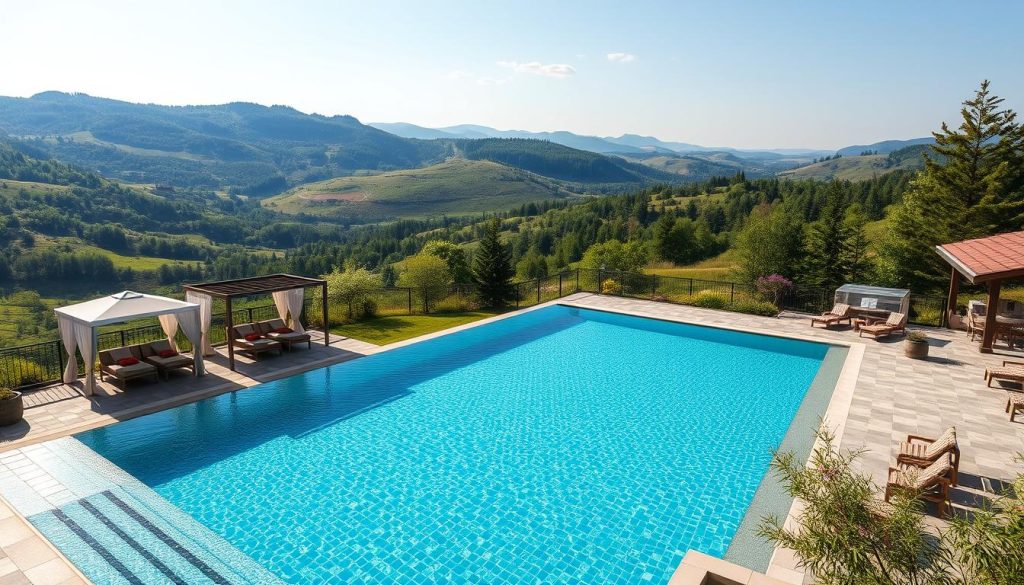 A picturesque dacha pool nestled in the rolling hills of the Dnieper region, surrounded by the lush greenery of a mountain retreat. The crystal-clear waters shimmer in the warm sunlight, inviting guests to relax and unwind. The pool's sleek, angular design blends seamlessly with the natural landscape, creating a harmonious balance between the built and the wild. Luxurious cabanas dot the poolside, offering shaded respite and a touch of opulence. A gentle breeze carries the scent of fragrant flowers, while the distant sound of birdsong adds to the serene atmosphere. This idyllic scene is the perfect backdrop for a section on the region's finest holiday destinations and their exclusive offerings.