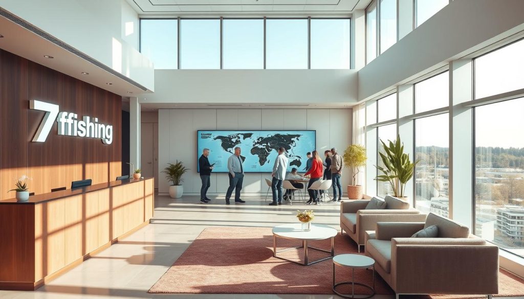 A picturesque destination management company office in Ukraine, flooded with natural light from large panoramic windows. The reception area features sleek, modern furniture and a prominent "7fishing" logo on the wall. In the background, a team of travel experts huddle around a digital map, planning immersive experiences for their clients. The overall atmosphere exudes professionalism, innovation, and a dedication to curating unforgettable journeys. Warm, earthy tones complement the minimalist design, creating a welcoming and sophisticated ambiance.