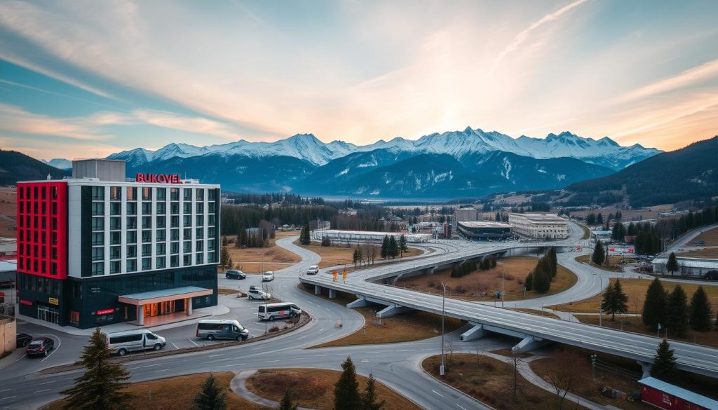 A picturesque landscape showcasing the strategic location of Hotel Bukovel. In the foreground, a modern hotel building stands prominently, its sleek architecture and vibrant facade commanding attention. The middle ground reveals a network of well-maintained roads and transportation links, including buses, taxis, and private vehicles, all providing convenient access to the hotel. In the background, majestic snow-capped mountains rise, their peaks piercing the azure sky, creating a serene and breathtaking backdrop. Soft, warm lighting illuminates the scene, evoking a welcoming and inviting atmosphere. The image conveys the accessibility and stunning natural surroundings that make Hotel Bukovel an ideal destination.