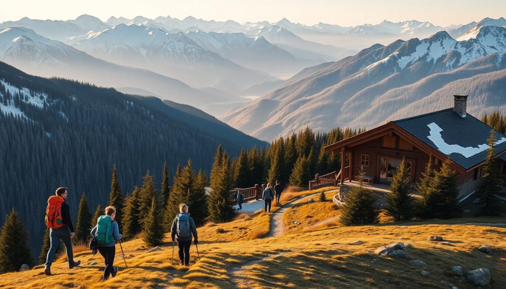 A picturesque mountain landscape in the Carpathian region, featuring snow-capped peaks, lush evergreen forests, and cozy ski resorts nestled among the valleys. The scene is bathed in warm, golden sunlight, creating a serene and inviting atmosphere. In the foreground, a group of hikers trekking along a winding path, equipped with backpacks and hiking gear. In the middle ground, a traditional wooden lodge with a charming gabled roof and a crackling fireplace visible through the windows. In the background, the majestic silhouettes of the Carpathian mountains stretch out, creating a breathtaking panoramic view. The overall composition evokes a sense of tranquility, adventure, and the natural beauty of this renowned mountain region.