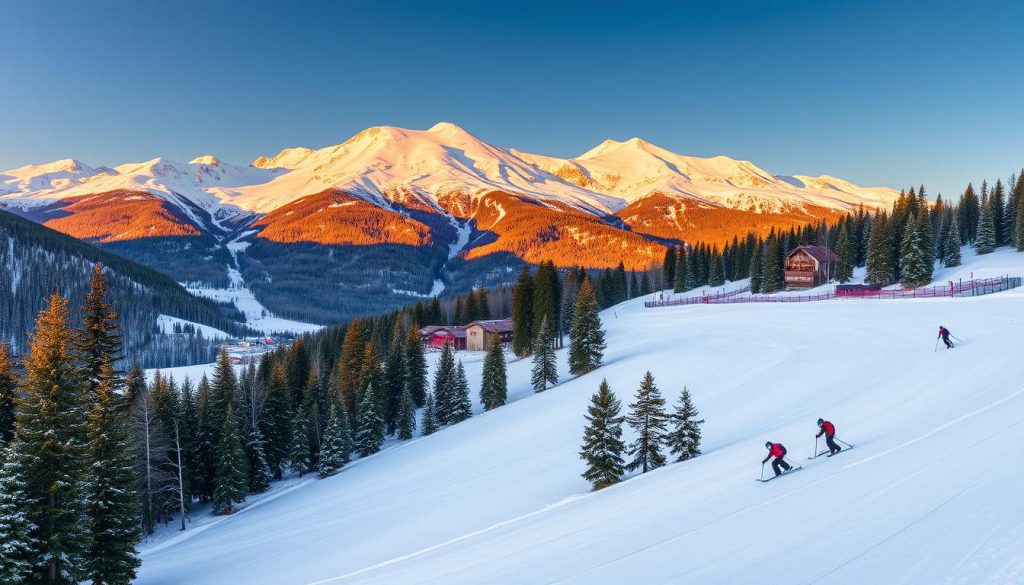 A picturesque mountain landscape in the Carpathians, with a ski resort nestled in the valley below. Majestic snow-capped peaks rise in the background, bathed in warm, golden sunlight. In the foreground, a groomed ski slope winds through a forest of tall, evergreen trees. Skiers and snowboarders carve graceful turns, gliding across the pristine, powdery snow. The resort's ski chalets and lodges are visible in the middle distance, their wooden facades and red-tiled roofs creating a charming, rustic atmosphere. The scene conveys the tranquility and beauty of the Carpathian winter, offering a tantalizing glimpse of the perfect ski vacation.
