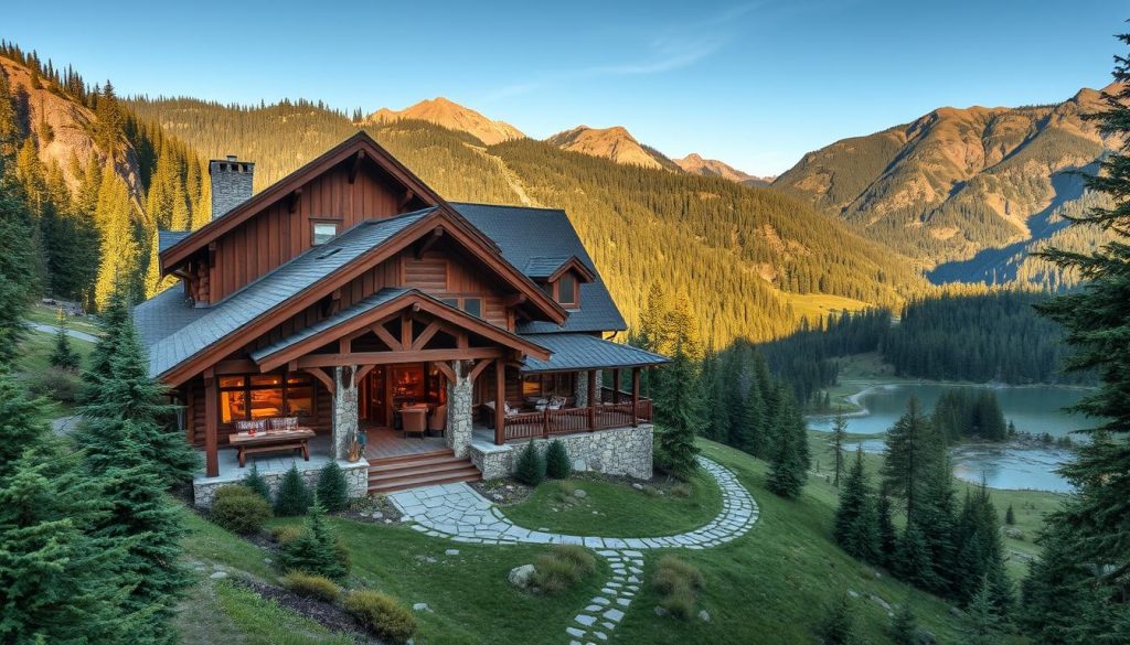 A picturesque mountain lodge nestled in the heart of the Carpathian landscape, surrounded by lush evergreen forests, rugged peaks, and winding streams. The exterior features warm wooden accents, traditional Hutsul architecture, and a welcoming porch overlooking a serene valley. Inside, cozy interiors with stone fireplaces, plush furnishings, and rustic-chic decor create an inviting atmosphere. Natural light floods the spacious rooms, complemented by soft lighting that casts a gentle glow. A scenic hiking trail winds through the property, leading to a tranquil alpine lake. The overall mood evokes a sense of peaceful seclusion and connection with the untamed beauty of the Carpathian mountains.