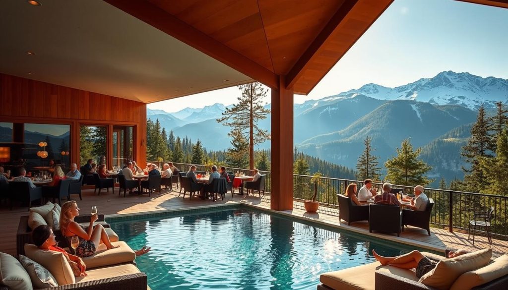A picturesque mountain resort nestled amidst lush forests, featuring a serene outdoor pool overlooking the breathtaking vistas. Guests lounge on plush poolside furniture, sipping refreshing drinks as the warm sun dances on the gently rippling water. In the distance, a cozy dining terrace invites visitors to savor local delicacies, the aroma of freshly prepared dishes wafting through the crisp alpine air. Soft, diffused lighting creates a tranquil ambiance, while large windows frame the majestic, snow-capped peaks that rise majestically in the background. This idyllic scene offers a perfect respite from the stresses of everyday life, catering to the discerning traveler seeking a harmonious blend of relaxation and natural splendor.