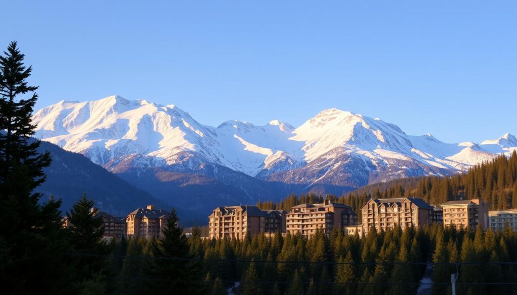 A picturesque mountainous landscape with the famous Krasnaya Polyana ski resort of Rosa Khutor, Russia, in the foreground. The snow-capped peaks of the Caucasus mountains rise majestically in the background, bathed in warm golden light. In the middle ground, a collection of upscale hotel buildings with modern, alpine-inspired architecture stand amid lush pine forests. The hotels are arranged in a grid-like pattern, suggesting a well-planned, high-end resort development. The scene conveys a sense of luxury, tranquility, and easy access to world-class winter sports and outdoor activities.