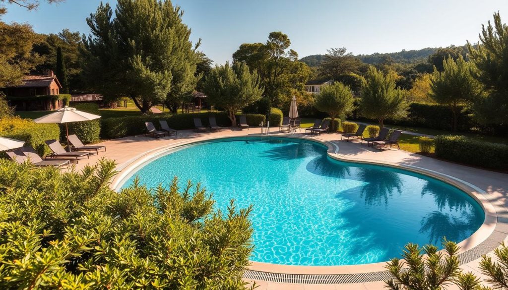 A picturesque outdoor swimming pool nestled within the lush grounds of a cozy countryside resort. The crystal-clear water glistens under the warm afternoon sun, surrounded by a patio adorned with lounge chairs and umbrellas. Verdant trees and shrubbery line the perimeter, creating a tranquil, secluded atmosphere. The pool's curved shape and tiled edges give it a refined, elegant appearance, inviting guests to relax and unwind after a day of exploration and activities. Gentle shadows cast by the surrounding foliage add depth and dimension, while the serene ambiance evokes a sense of escape and rejuvenation.