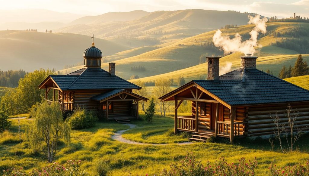 A picturesque panorama of traditional wooden baths nestled in the lush, rolling hills of Rivne Oblast, Ukraine. The stately log cabins, with their distinctive onion-domed roofs, stand amidst a verdant landscape dotted with birch trees and wildflowers. Warm, golden sunlight filters through the windows, casting a cozy glow over the scene. Steam billows from the chimneys, hinting at the inviting sauna experiences within. The composition captures the rustic charm and enduring popularity of these cherished community gathering spaces, where locals and visitors alike can unwind and embrace the region's rich cultural heritage.