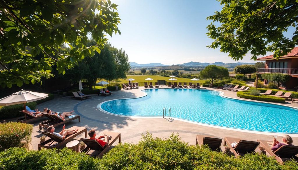 A picturesque resort complex nestled in a serene natural setting, with a sparkling azure pool as the centerpiece. Sunlight filters through lush foliage, casting a warm, inviting glow. Guests recline on plush lounge chairs, sipping refreshing drinks and soaking up the tranquil ambiance. The pool's crystal-clear waters are flanked by well-manicured landscaping, creating a harmonious blend of modern amenities and rustic charm. In the distance, rolling hills and a clear sky complete the idyllic scene, promising a rejuvenating getaway from the daily grind.
