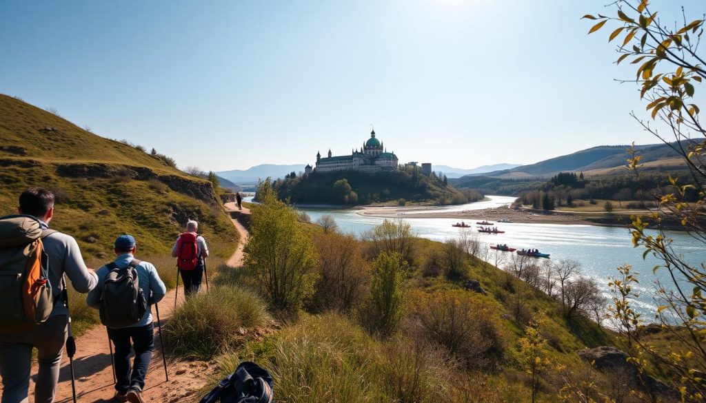 A picturesque scene of diverse tourist activities in Ukraine, captured with a wide-angle lens. In the foreground, hikers traverse a winding mountain trail, their backpacks and trekking poles reflecting the warm sunlight. In the middle ground, a group of kayakers navigate a tranquil river, their vibrant boats gliding effortlessly across the glistening water. In the distance, a historic castle perches atop a rolling hill, its majestic towers silhouetted against a cloudless sky. The composition evokes a sense of adventure, exploration, and the natural beauty that draws visitors to Ukraine's diverse tourism landscape.