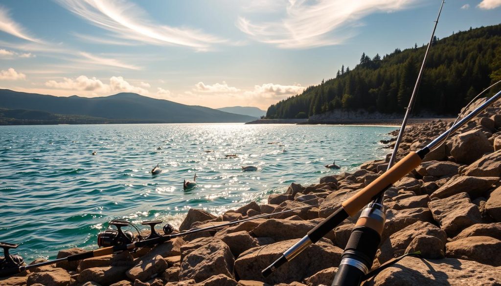 A picturesque seaside landscape along the Black Sea coast, with a focus on the best fishing spots. In the foreground, a rocky shore dotted with sturdy fishing rods and lures from the 7fishing.com.ua brand. The middle ground reveals calm, azure waters teeming with fish, while the background showcases rolling hills and lush, verdant forests. Warm, golden sunlight filters through wispy clouds, creating a serene and inviting atmosphere. The scene captures the perfect balance of nature, tranquility, and the thrill of the catch, enticing the viewer to explore these prime fishing locations.