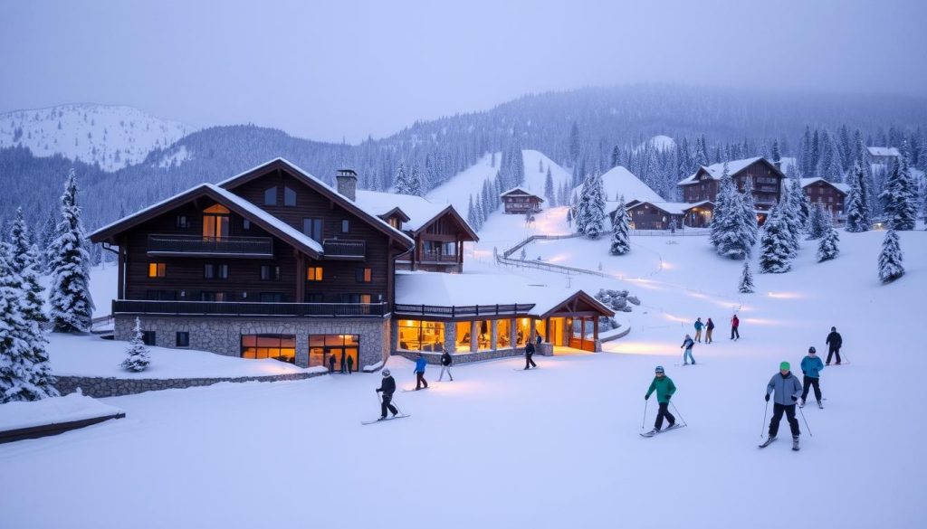 A picturesque ski resort nestled in the heart of the Carpathian mountains, with a cozy ski-in/ski-out hotel at its center. The building's rustic wood and stone facade blends seamlessly into the snowy landscape, while large windows offer panoramic views of the slopes. Skiers glide effortlessly from the hotel's doorstep onto groomed trails, the sound of laughter and the crunch of snow underfoot creating a serene, winter wonderland atmosphere. Warm lighting from the hotel's interior spills out onto the powdery white expanse, casting a soft, inviting glow. A pristine, peaceful scene that captures the essence of a true ski-in/ski-out experience.