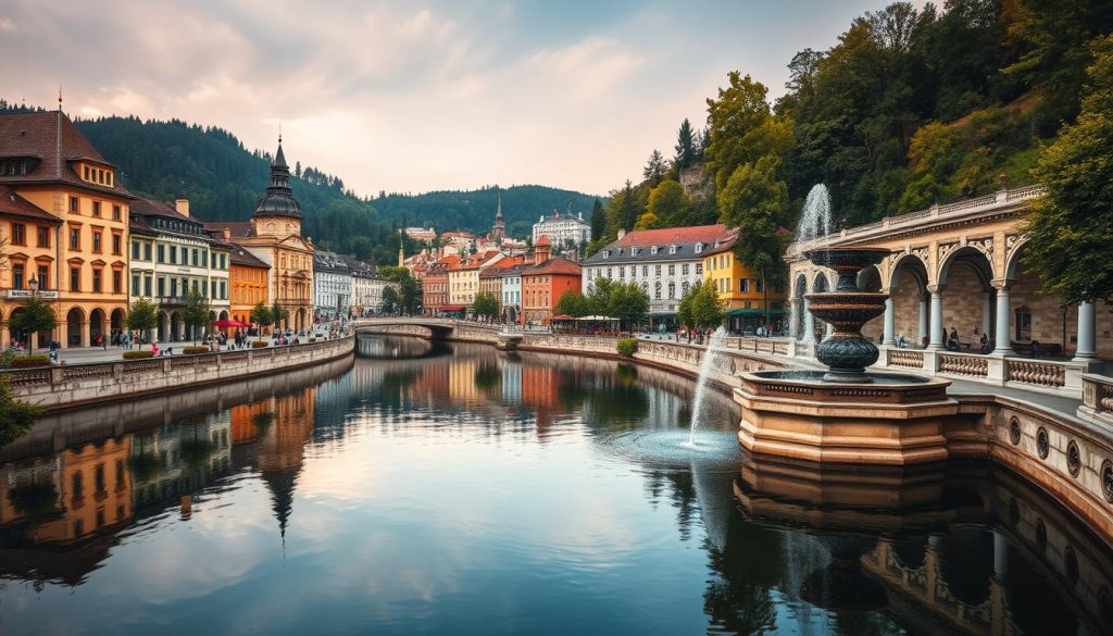 A picturesque town nestled in a lush valley, Karlovy Vary (Carlsbad) is a Czech spa destination renowned for its therapeutic mineral springs. Capture the town's elegant architecture reflected in the calm waters of the Teplá River, with its historic Baroque buildings, ornate colonnades, and iconic Hot Spring Colonnade. Showcase the serene, spa-like atmosphere, with visitors strolling along the tree-lined promenades and sipping the healing waters from the intricate fountains. Bathe the scene in warm, soft lighting to evoke a sense of relaxation and rejuvenation, representing Karlovy Vary's status as a premier center for medical treatments and wellness retreats.