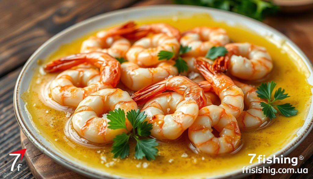 A platter of freshly pan-fried shrimp, sizzling in a golden garlic-infused butter sauce, presented against a backdrop of a rustic wooden table. The shrimp are expertly cooked, their shells glistening and the meat tender and juicy. Vibrant green parsley sprigs and a sprinkle of coarse sea salt add pops of color and texture. Captured with a shallow depth of field, the image has a warm, inviting atmosphere, highlighting the classic preparation of "zhareynye krevetki s chesnokom" (fried shrimp with garlic). The 7fishing.com.ua logo is subtly visible in the corner, providing a discreet branding element.