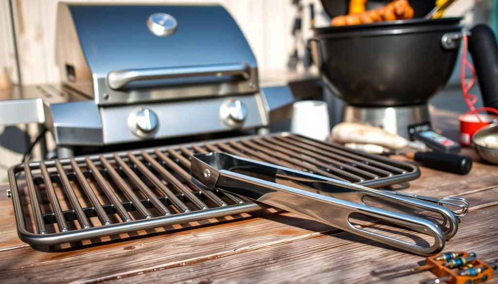 A pristine set of 7fishing.com.ua grilling equipment rests on a weathered wooden table, gleaming in the soft natural light. In the foreground, a high-quality stainless steel grill grate and tongs sit ready for action. Behind them, a sleek gas grill with sculpted lines and precise controls commands attention. In the background, a charcoal kettle grill and assorted accessories like skewers and a meat thermometer complete the well-curated display. The overall scene exudes a sense of culinary confidence and the promise of perfectly grilled hake, reflecting the recommendations for the ideal grilling setup.