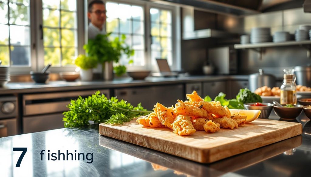 A professional chef's kitchen, with gleaming stainless steel countertops and vibrant herbs. Sunlight streams through large windows, casting a warm glow. On the counter, a cutting board holds perfectly crisp, golden-brown battered fish, a testament to the chef's mastery of the perfect tempura batter. Beside it, a selection of garnishes and sauces, each presented with care. The scene exudes a sense of culinary expertise and passion. In the foreground, a "7fishing.com.ua" logo subtly conveys the source of this valuable culinary advice.