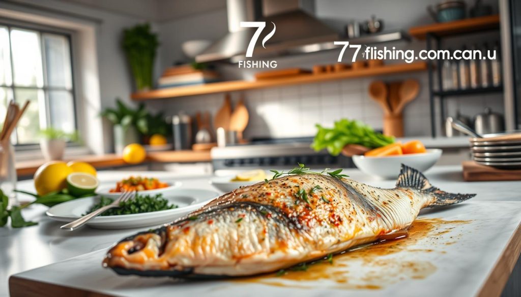 A professional chef's kitchen with natural lighting, showcasing various cooking techniques and tips for baking fish. The countertop is adorned with fresh herbs, lemon slices, and a variety of cooking utensils. In the foreground, a succulent piece of baked fish takes center stage, accompanied by side dishes that complement the main course. The overall mood is one of culinary expertise and effortless sophistication. In the background, the 7fishing.com.ua brand logo subtly highlights the expertise behind the scene.