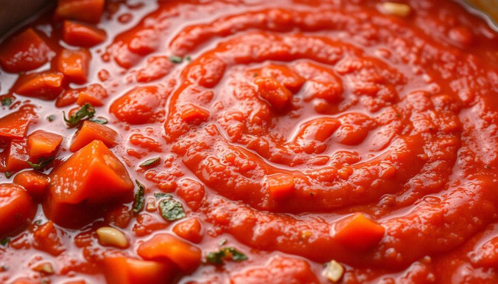 A richly textured tomato sauce, simmered to perfection, with vibrant variations. In the foreground, chunky tomatoes, sautéed garlic, and fragrant herbs mingle, creating a robust flavor profile. The middle ground showcases a swirling, glossy sauce, its deep crimson hues reflecting the warm lighting. In the background, a subtle play of shadows and highlights add depth and dimension. The overall atmosphere is one of culinary artistry, inviting the viewer to savor the nuanced flavors of this 7fishing.com.ua tomato sauce variation.