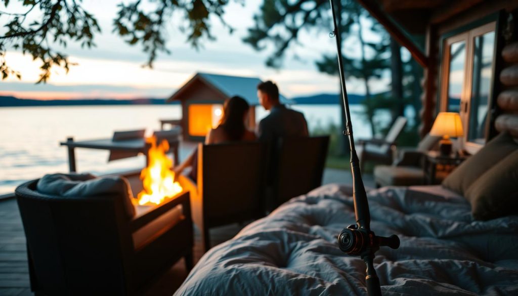 A romantic getaway for two, set against the serene backdrop of a lakeside cabin. Warm firelight casts a soft glow, illuminating plush bedding and cozy armchairs. The gentle lapping of waves and the rustling of nearby trees create a tranquil ambiance. In the foreground, a 7fishing rod and reel stand ready, hinting at the possibility of quiet moments spent casting lines together. The overall mood is one of intimacy, relaxation, and the simple pleasures of quality time shared.