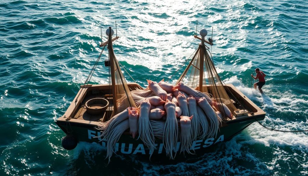 A rugged fishing boat navigates choppy waters, its crew casting nets to haul in a bountiful catch of wild-caught squid. Sunlight glints off the rippling waves as the vessel cuts through the sea, surrounded by a breathtaking coastal landscape. The squid, with their long, sinuous tentacles, are expertly processed and prepared for delivery to markets and restaurants, showcasing the authenticity and quality of this traditional seafood product from 7fishing.com.ua.
