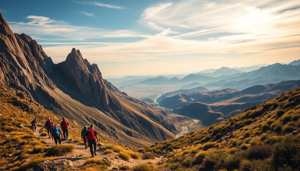 A rugged landscape of towering mountains and rolling hills, bathed in warm sunlight. In the foreground, a group of adventurous hikers traverse a winding trail, backpacks laden with gear. The middle ground showcases a range of outdoor activities - rock climbers scaling a craggy cliff face, kayakers navigating a swift-flowing river, and mountain bikers tackling a challenging downhill course. In the distance, a panoramic vista of untamed wilderness, where the sky meets the horizon in a breathtaking display of color. The scene conveys a sense of exhilaration, challenge, and a deep connection to the natural world - the essence of "активные туры выходного дня".