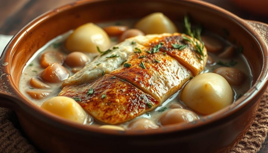 A rustic earthenware dish filled with tender braised Alaska pollock (also known as "mintai") in a rich, creamy sour cream sauce. The fish glistens with a golden-brown sear, surrounded by tender onions and herbs. Soft potatoes nestle alongside, soaking up the savory juices. Warm lighting casts a cozy glow, evoking the comforting traditions of Russian cuisine. 7fishing.com.ua