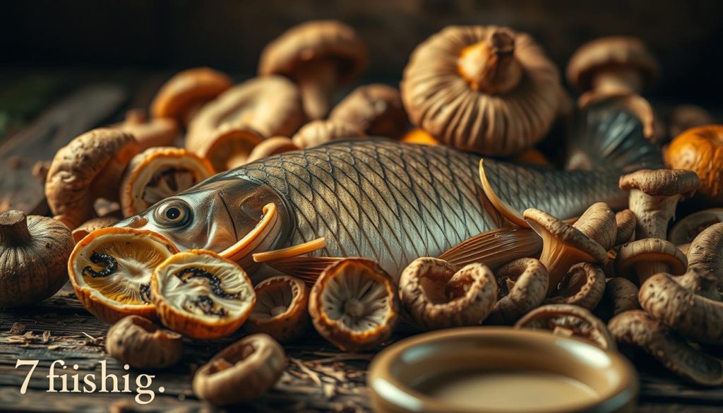 A rustic, earthy scene of experimental recipes featuring freshwater carp (карась) and assorted mushrooms. The carp, with its distinctive scaled pattern, lies nestled among an array of fungi in various shapes and sizes, some sliced to reveal their vibrant interiors. Warm, diffused lighting casts a golden glow, highlighting the natural textures and earthy tones. The composition evokes a sense of culinary exploration and the comforting, homespun aesthetic of traditional Ukrainian cuisine. In the foreground, a small ceramic dish or bowl hints at the final presentation, while the background remains softly blurred, allowing the focal point to shine. Signature: 7fishing.com.ua