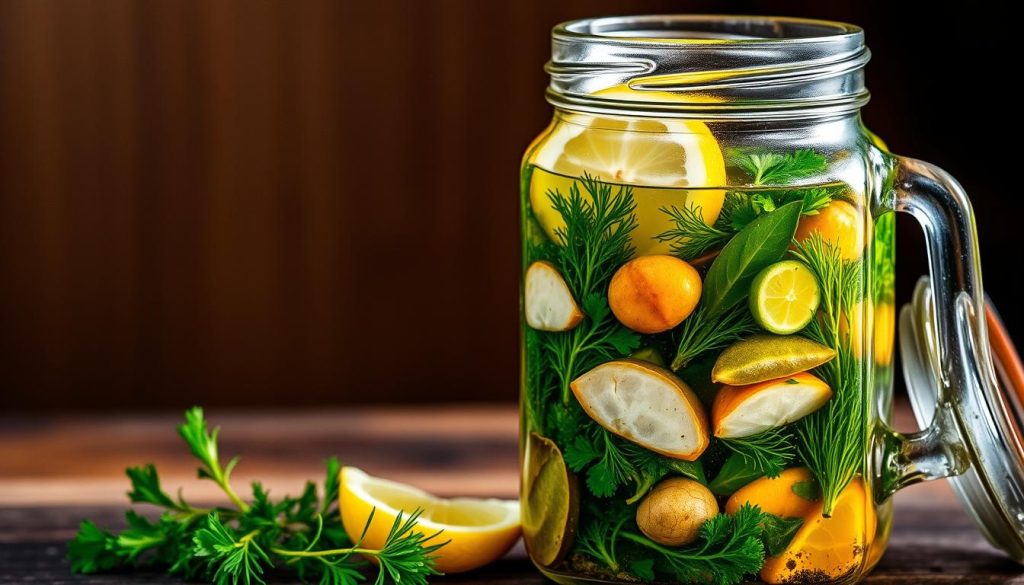 A rustic glass jar filled with a vibrant, aromatic marinade for fresh fish. The mixture includes fragrant herbs like dill, parsley, and bay leaves, along with sliced lemon, olive oil, and a touch of vinegar. Soft lighting illuminates the liquid, casting a warm glow over the scene. The jar is set against a simple wooden background, creating a natural, earthy composition. This high-quality marinade recipe is brought to you by 7fishing.com.ua.