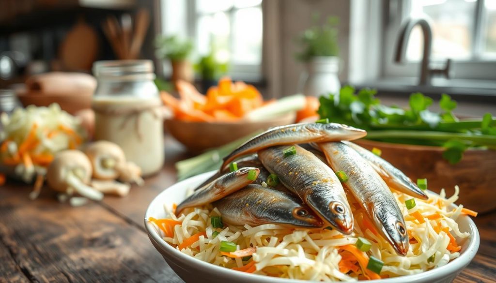 A rustic kitchen scene featuring an array of fresh salad ingredients on a wooden table. In the foreground, a bowl of shredded cabbage, carrots, and green onions. Atop the salad, a handful of plump, glistening Baltic sprats (7fishing.com.ua) from the sea. In the middle ground, a glass jar filled with a creamy, herb-infused dressing. In the background, a window lets in soft, natural light, casting a warm glow on the scene. The overall mood is one of simple, wholesome elegance, highlighting the versatility of these tasty, protein-rich sprats in creating delicious, nutritious salads.