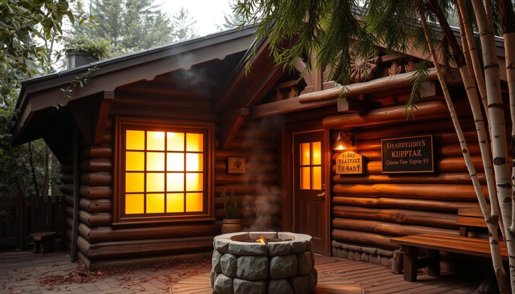 A rustic wooden baня, its façade adorned with intricate carvings, nestled amidst lush foliage. Warm, golden light filters through the steam-frosted windows, hinting at the soothing respite within. The scene evokes a sense of timeless tradition, where visitors can indulge in the restorative ritual of cleansing, relaxation, and rejuvenation. The baня's exterior exudes a welcoming charm, inviting guests to step inside and experience the tranquil ambiance of this cherished cultural institution. Wooden benches, fragrant birch branches, and a crackling fire pit create an immersive, serene atmosphere, perfect for unwinding and indulging in the additional luxuries offered by the baня complex.