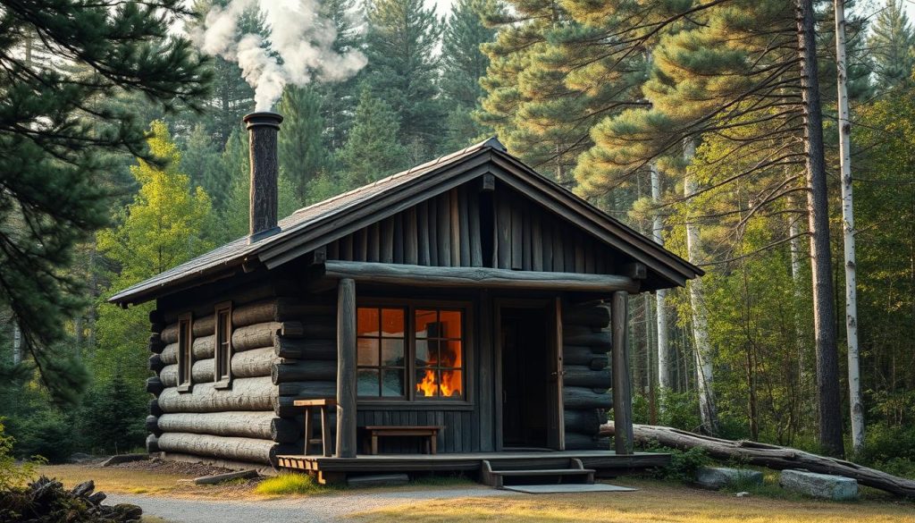 A rustic wooden bathhouse nestled amidst a lush forest clearing, its weathered logs and chimney smoke creating a cozy, traditional atmosphere. The structure's entrance is framed by a simple porch, inviting visitors to step inside and experience the soothing warmth of a crackling fire and the gentle hiss of steam rising from a traditional wood-fired stove. Soft natural light filters through the windows, casting a golden glow and highlighting the aged, textured surfaces. The surrounding landscape is a tapestry of verdant foliage, with towering pines and birch trees providing a serene backdrop to this quintessential rural retreat.