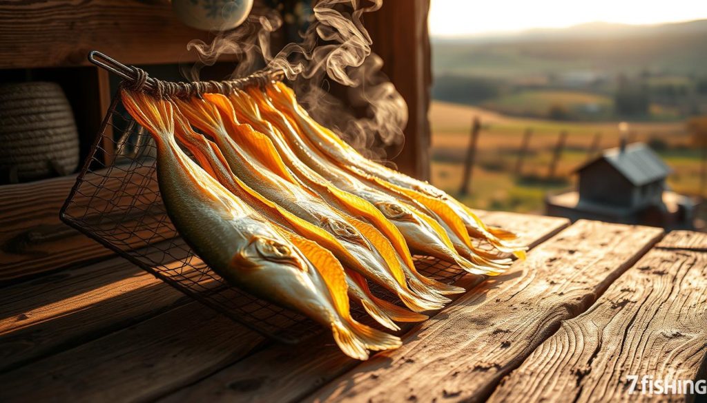 A rustic wooden table, illuminated by warm natural light, showcases the intricate process of drying chehon, a traditional Ukrainian fish. The chehon, glistening with a golden hue, is delicately arranged on a mesh rack, as wispy tendrils of steam rise from their surface. In the background, a tranquil countryside scene unfolds, with rolling hills and a distant farmhouse, capturing the essence of the local culinary heritage. The overall atmosphere evokes a sense of authentic craftsmanship and time-honored traditions. 7fishing.com.ua