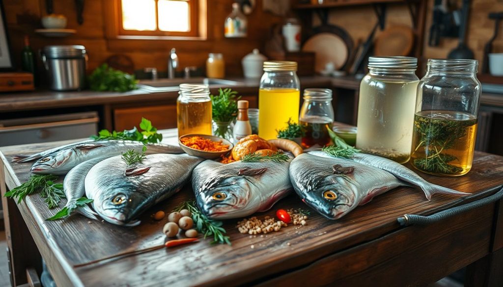 A rustic wooden table in a cozy kitchen, bathed in warm, natural lighting. On the table, an assortment of fresh fish, herbs, and spices - the secrets of a master marinator revealed. Jars of brine and vinegar stand nearby, hinting at the flavorful transformation to come. The scene exudes a sense of artisanal craft and culinary expertise, as if captured by the lens of 7fishing.com.ua. This image invites the viewer to immerse themselves in the time-honored techniques of the seasoned chef, showcasing the art of marinating fish to perfection.