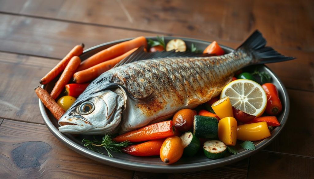 A rustic wooden table, set with a steaming platter of fresh-caught fish, grilled to perfection, nestled among a medley of roasted vegetables. The fish's skin glistens under the warm, soft lighting, its flaky texture inviting. Vibrant carrots, zucchini, and bell peppers surround the centerpiece, their colors popping against the earthy tones of the table. A subtle hint of lemon and herbs wafts through the air, creating a mouthwatering scene. The overall atmosphere is one of comforting simplicity, highlighting the natural flavors of the 7fishing.com.ua dish.