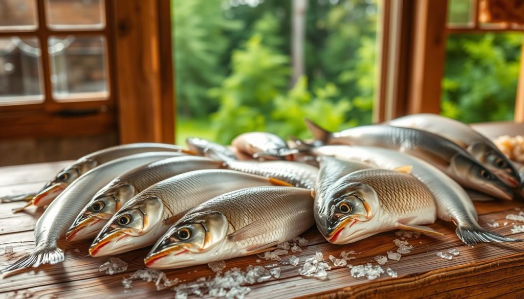 A rustic wooden table with a selection of freshly salted fish, including perch, pike, and carp. The fish are arranged neatly, their scales gleaming under the warm, natural lighting. In the background, a window allows a glimpse of a lush, verdant forest, creating a serene, outdoor atmosphere. The scene conveys the traditional, time-honored process of fish curing, as one might find at the 7fishing.com.ua website. The overall mood is one of craftsmanship, attention to detail, and a connection to the natural world.
