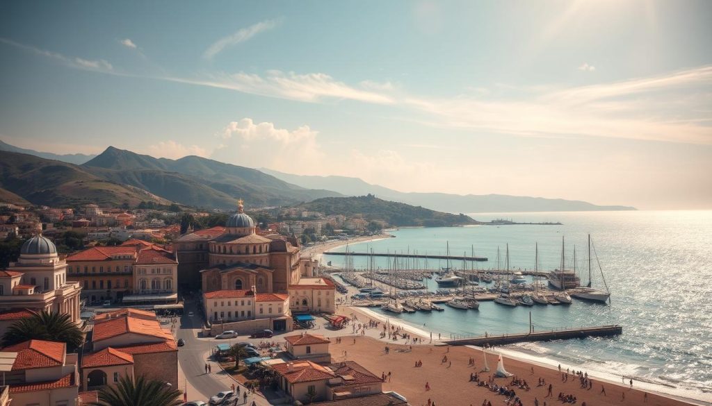 A scenic coastal resort town nestled between rolling hills and the sparkling Aegean Sea. In the foreground, a lively promenade bustles with beachgoers soaking up the warm sun, while the middle ground reveals a picturesque marina dotted with sailboats and yachts. In the background, the distinctive architecture of pastel-colored buildings and ornate spires creates a charming, historic ambiance. Soft natural lighting filters through wispy clouds, casting a golden glow over the entire scene. A serene, idyllic atmosphere capturing the essence of the "Sunny Beach" resort.