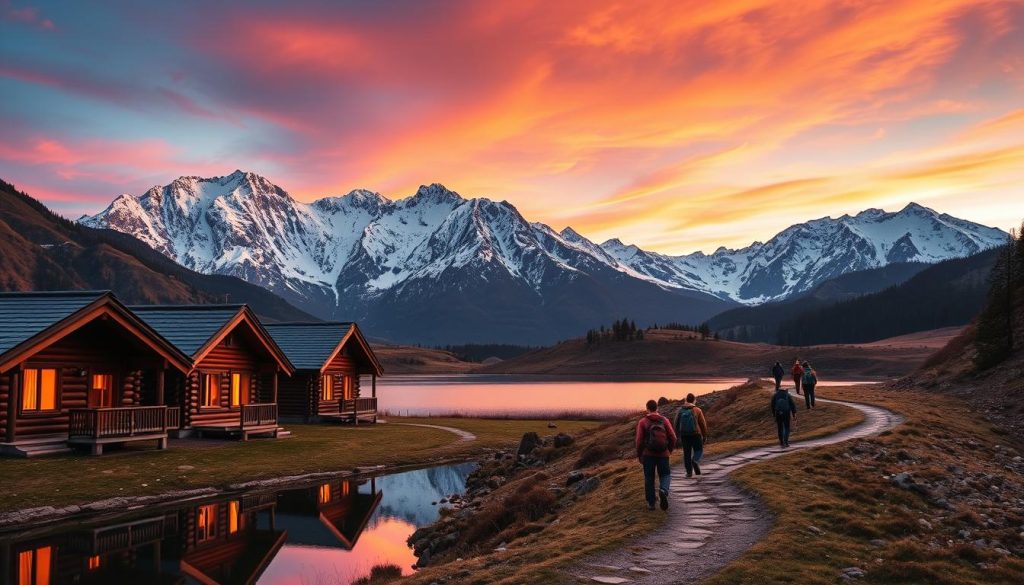 A scenic mountain landscape at golden hour, capturing a weekend getaway in the Carpathians. In the foreground, cozy log cabins with warm lighting spill out onto a tranquil lake, their reflections rippling across the still waters. Mid-ground, a group of hikers traverse a winding trail, their backpacks and hiking gear suggesting an immersive outdoor adventure. In the background, majestic snow-capped peaks rise against a vibrant orange-pink sky, conveying a sense of peaceful solitude and natural wonder. The overall mood is one of rustic charm, serene beauty, and the rejuvenating power of a weekend escape to the Carpathian mountains. A scenic mountain landscape at golden hour, capturing a weekend getaway in the Carpathians. In the foreground, cozy log cabins with warm lighting spill out onto a tranquil lake, their reflections rippling across the still waters. Mid-ground, a group of hikers traverse a winding trail, their backpacks and hiking gear suggesting an immersive outdoor adventure. In the background, majestic snow-capped peaks rise against a vibrant orange-pink sky, conveying a sense of peaceful solitude and natural wonder. The overall mood is one of rustic charm, serene beauty, and the rejuvenating power of a weekend escape to the Carpathian mountains.