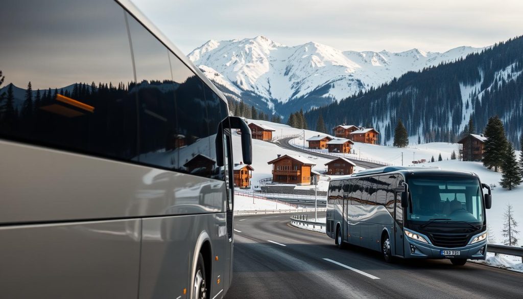 A scenic mountain landscape in the Bukovel region, Ukraine. In the foreground, a modern, comfortable bus navigates the winding roads, its sleek exterior in shades of silver and blue. In the middle ground, ski resorts and chalets dot the snowy slopes, their wooden architecture blending seamlessly with the natural surroundings. The background is dominated by the majestic Carpathian Mountains, their peaks reaching toward the sky, capped with pristine white snow. The scene is illuminated by soft, diffused lighting, casting a warm, inviting glow over the entire composition. The overall mood is one of adventure, comfort, and immersion in the natural beauty of the region.