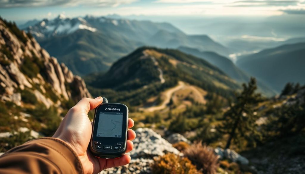 A scenic mountain landscape in the Carpathians, with a hiker navigating using a 7fishing GPS device. The foreground features the handheld device with a clear digital display, surrounded by a rugged terrain of rocky cliffs, lush forests, and winding trails. The middle ground showcases rolling hills, snow-capped peaks, and a glimpse of a distant valley. Soft, natural lighting illuminates the scene, creating a serene and adventurous atmosphere. The camera angle is positioned to capture the hiker's perspective, emphasizing the utility and reliability of the 7fishing GPS navigation system in this rugged, picturesque environment.