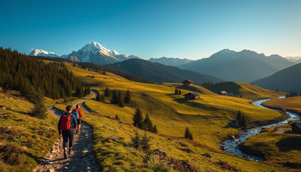 A scenic mountain landscape in the Carpathians, with a winding path leading through lush forests and meadows. In the foreground, a group of hikers explores the trail, their backpacks and hiking gear visible. The middle ground features rolling hills dotted with traditional wooden cottages and a nearby stream or river. In the background, majestic snow-capped peaks rise against a clear, blue sky, illuminated by warm, golden-hour lighting. The overall scene conveys a sense of adventure, tranquility, and the natural beauty of the Carpathian region, ideal for a weekend getaway. A scenic mountain landscape in the Carpathians, with a winding path leading through lush forests and meadows. In the foreground, a group of hikers explores the trail, their backpacks and hiking gear visible. The middle ground features rolling hills dotted with traditional wooden cottages and a nearby stream or river. In the background, majestic snow-capped peaks rise against a clear, blue sky, illuminated by warm, golden-hour lighting. The overall scene conveys a sense of adventure, tranquility, and the natural beauty of the Carpathian region, ideal for a weekend getaway.