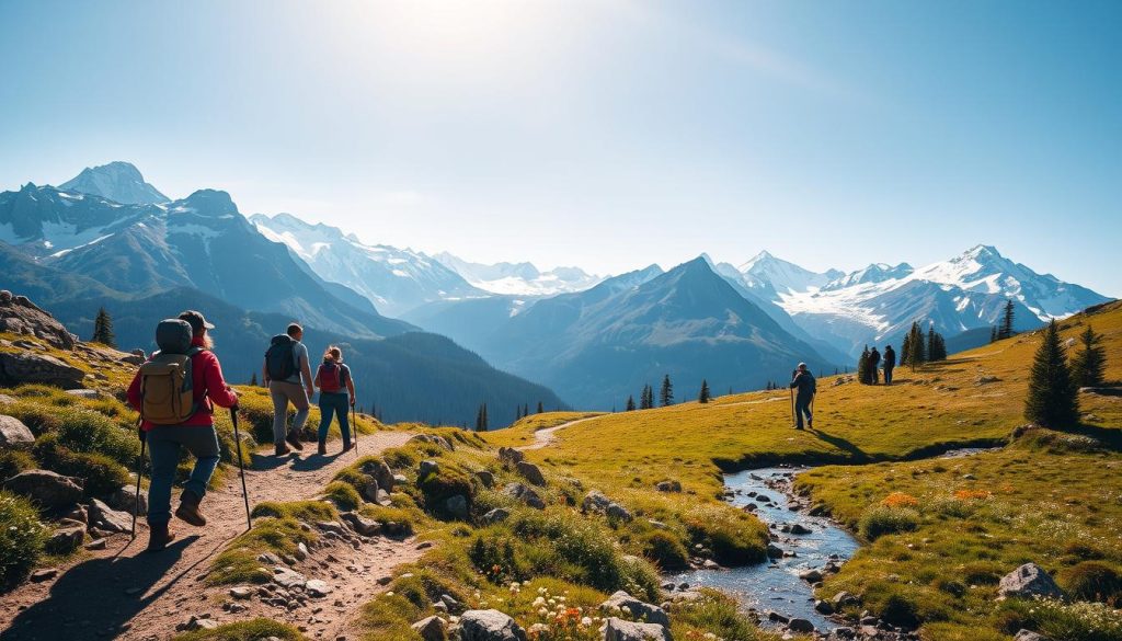 A scenic mountain landscape with a family enjoying outdoor leisure activities. In the foreground, a group of hikers traverse a rugged trail, their backpacks and hiking gear visible. In the middle ground, a picturesque alpine meadow dotted with wildflowers and a tranquil stream. In the background, majestic snow-capped peaks rise into a crisp, azure sky, bathed in warm afternoon sunlight. The mood is one of peaceful serenity and active exploration, capturing the essence of a mountain getaway for guests. Captured with a wide-angle lens to provide a panoramic view, with soft, natural lighting to create a sense of depth and atmosphere.