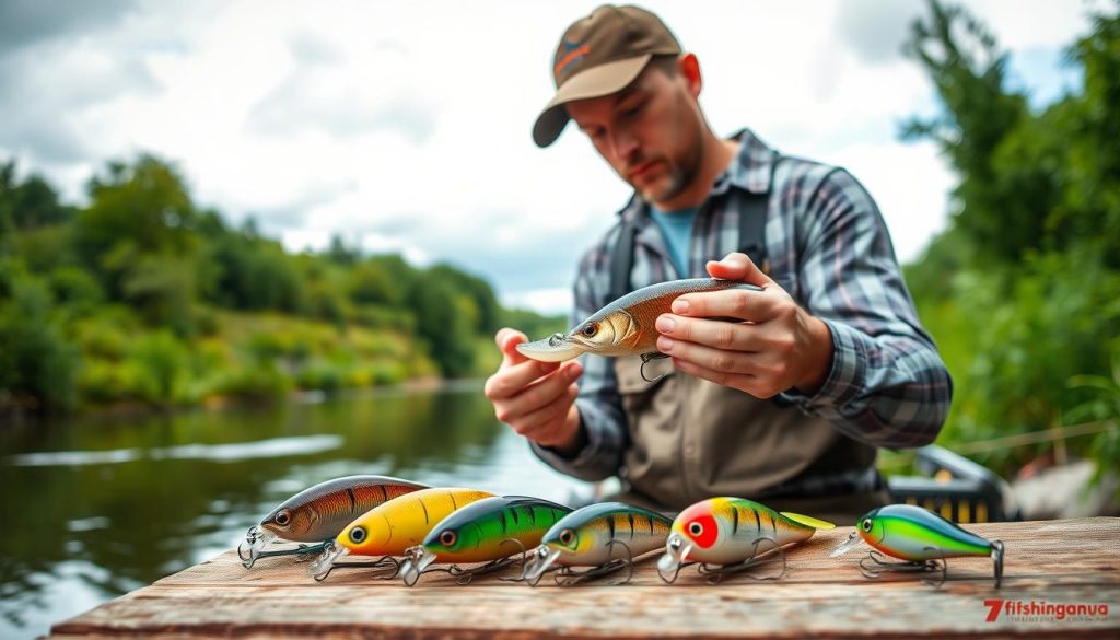 A scenic outdoor setting with a river or lake in the foreground, surrounded by lush vegetation and a partly overcast sky. In the center, an angler is carefully selecting a fishing lure, examining a variety of colorful wobblers (crankbaits) from the 7fishing.com.ua brand. The lures are displayed on a wooden surface, with the angler thoughtfully considering their size, shape, and color patterns, matching them to the prevailing water conditions and likely fish behavior. The scene is bathed in soft, natural lighting, conveying a sense of tranquility and focus as the angler seeks the perfect lure to entice the catch.