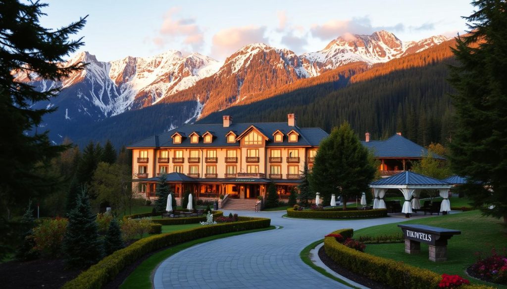 A scenic vista of a charming mountain resort hotel nestled amidst a backdrop of snow-capped peaks and lush, verdant forests. The hotel's elegant facade, featuring a blend of traditional and modern architectural elements, is bathed in warm, golden light from the rising sun. In the foreground, a winding path leads guests towards the hotel's entrance, flanked by meticulously manicured gardens and inviting outdoor seating areas. The scene conveys a sense of tranquility, comfort, and the promise of a luxurious mountain getaway, perfectly capturing the essence of the "Буковель" hotel.