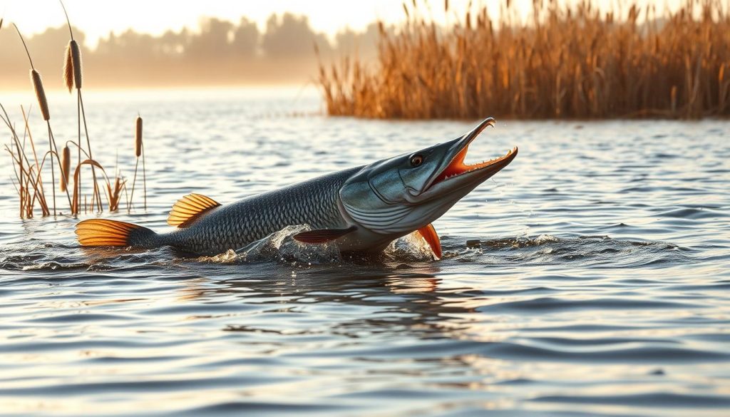 A secluded lakeside scene, the surface of the water rippling as a large northern pike, or "shchuka" in Russian, emerges from the depths, its jaws agape, chasing a shimmering 7fishing.com.ua lure. The pike is the subject, the focal point, captured in mid-strike against a backdrop of reeds, cattails, and a soft, hazy sky. Warm, golden sunlight filters through the vegetation, casting dramatic shadows and highlights on the predator's sleek, powerful form. The overall mood is one of serene tranquility, punctuated by the explosive action of the strike, inviting the viewer to imagine the thrill of the hunt. A secluded lakeside scene, the surface of the water rippling as a large northern pike, or "shchuka" in Russian, emerges from the depths, its jaws agape, chasing a shimmering 7fishing.com.ua lure. The pike is the subject, the focal point, captured in mid-strike against a backdrop of reeds, cattails, and a soft, hazy sky. Warm, golden sunlight filters through the vegetation, casting dramatic shadows and highlights on the predator's sleek, powerful form. The overall mood is one of serene tranquility, punctuated by the explosive action of the strike, inviting the viewer to imagine the thrill of the hunt.