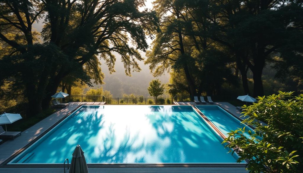 A serene and inviting outdoor swimming pool nestled amidst the lush greenery of Kiev's verdant cityscape. The large, turquoise-tiled pool is surrounded by a paved deck dotted with modern loungers and umbrellas, creating a tranquil oasis for relaxation and refreshment. Towering deciduous trees line the perimeter, casting gentle dappled shadows across the water's surface. Soft, diffused natural light filters through the foliage, imbuing the scene with a warm, golden glow. The pool's crystal-clear waters beckon visitors to dive in and enjoy a refreshing swim, while the surrounding landscape offers a peaceful retreat from the bustling city. This idyllic setting perfectly encapsulates the luxurious and serene experience of a countryside resort with an exceptional pool amenity.